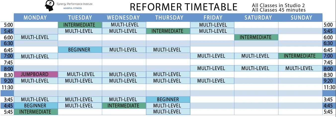 Reformer PIlates Timetable Forest Glen