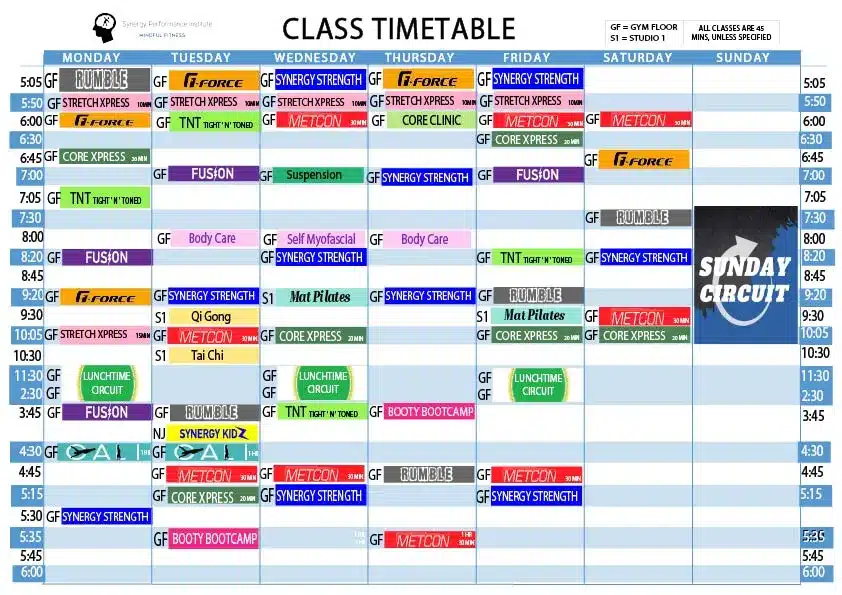 Gym Fitness Class Timetable