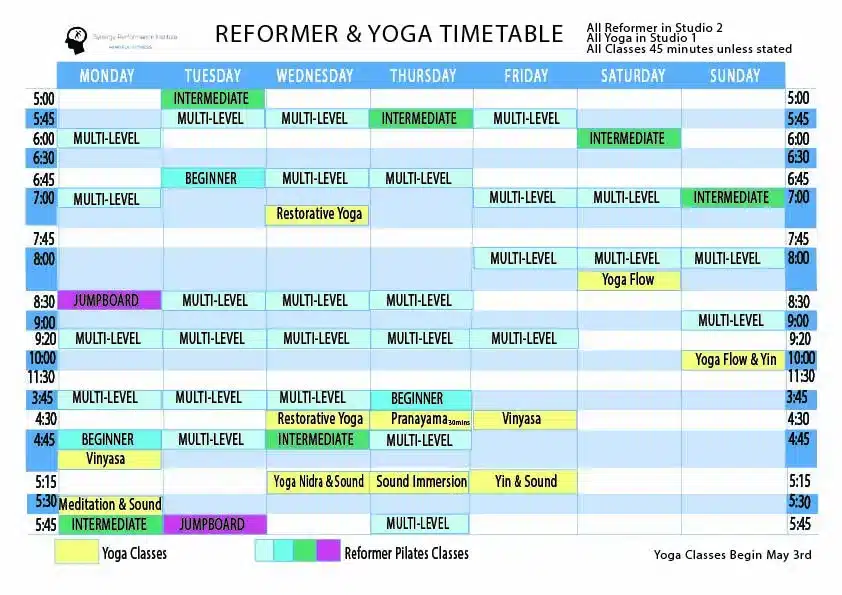 Reformer Pilates and Yoga Timetable